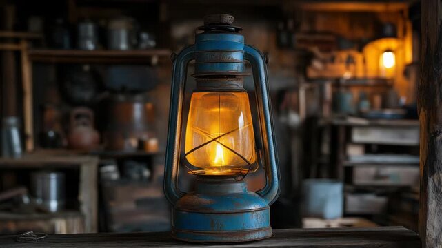 Illuminated, antique blue lantern set against a blurred background of a rustic workshop