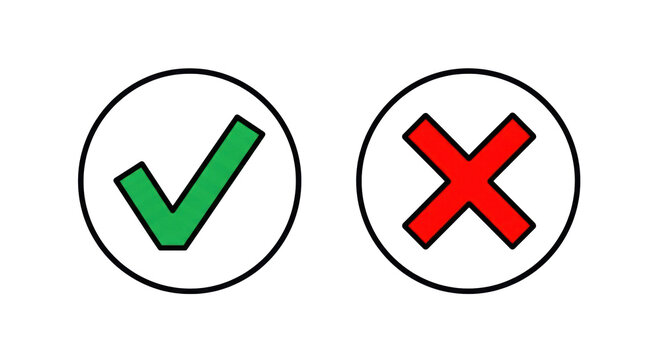 Green checkmark and red x symbols, black-outlined white circles, side-by-side on transparent background, clean minimalist vector icons for binary decisions concept