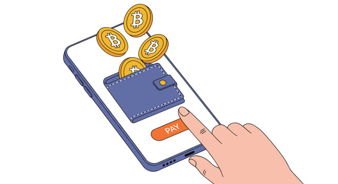Human hand clicking pay button on smartphone screen as gold bitcoin coins fly into a digital wallet for cryptocurrency transaction.