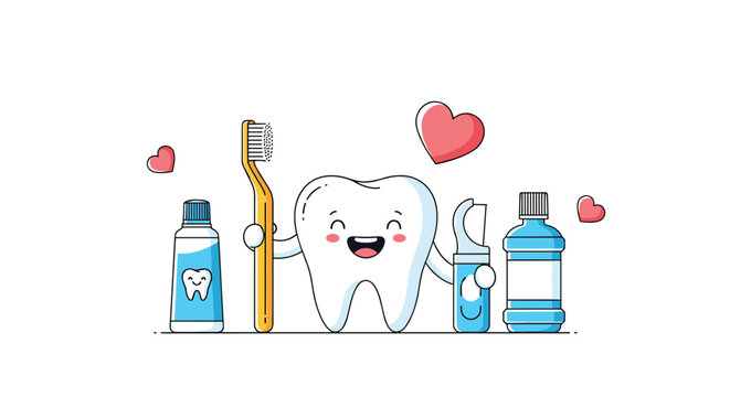 Happy cartoon tooth character holding a toothbrush and dental floss surrounded by toothpaste mouthwash and floating hearts.