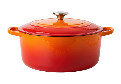 Orange and red enameled cast iron dutch oven isolated on transparent background