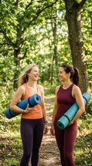 Obraz premium Women friends laughing walking with yoga mats in nature
