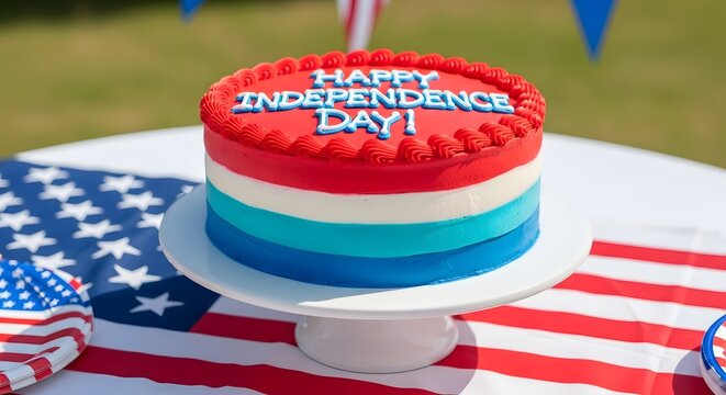 Patriotic cake celebrating the united states independence day with a flag tablecloth.
