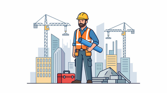 A construction worker in a hard hat holds blueprints in a city illustration vector.