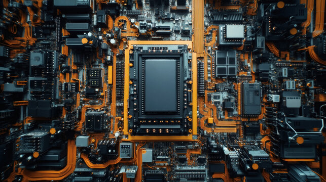 A detailed overhead view of a complex electronic circuit board with glowing orange traces surrounding a central processor chip surrounded by numerous integrated circuits and connectors in a high-tech