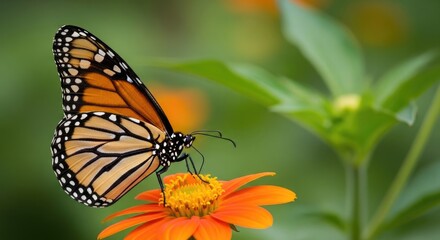 Obraz premium Monarch butterfly resting on a vibrant orange flower in a lush garden setting
