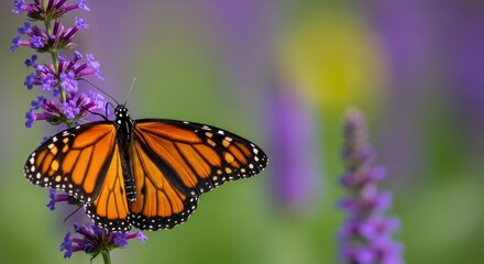 Obraz premium Monarch butterfly resting on vibrant purple flowers in a softly blurred garden