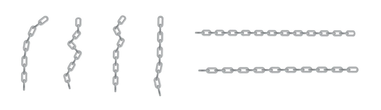 Free metal chain with whole or break steel chrome links. Collection of seamless metal chains colored silver. Vector