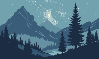 Fototapeta premium Night Mountain Landscape Vector with Starry Sky and Milky Way Minimal Nature Illustration Background