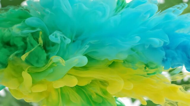 Vibrant Green Blue Yellow Ink Clouds Swirling in Water Abstract Background.