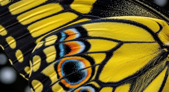Close up of a vibrant eastern tiger swallowtail butterfly wing displaying intricate patterns