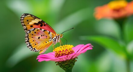 Fototapeta premium Painted lady butterfly resting on a vibrant pink zinnia flower in a lush garden