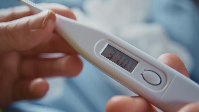 Close-up of a sick person with a fever holding a digital thermometer to measure body temperature