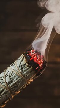 Burning dried sage bundle with glowing red embers releasing thick aromatic white smoke on wood background