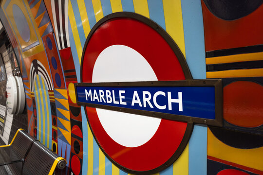 Marble Arch underground station sign. London, UK, 31 December 2023