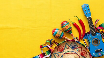 Fototapeta premium Mexican fiesta party accessories including blue guitar maracas sombrero and red chili peppers arranged on bright yellow textured background