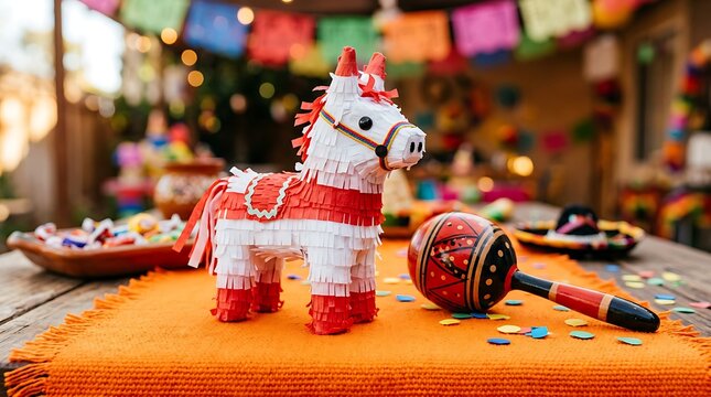 Traditional donkey pinata and colorful maraca on festive orange table runner with blurred outdoor party decorations and lights in background