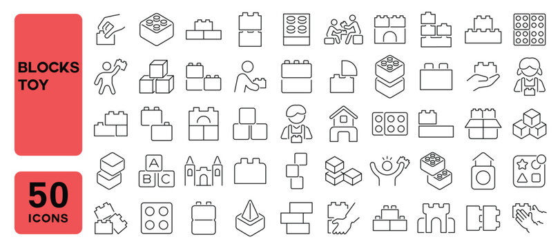 Set of 50 line icons related to blocks toy, child blocks, building blocks, bricks toy, cubes, alphabet blocks, plastic bricks, Editable stroke. Vector illustration