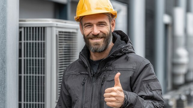 professional HVAC technician wearing a blue hard hat posing with an outdoor air conditioner system, clean and practical service scene