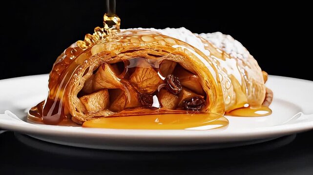 Observe delicious apple strudel, freshly baked, receiving a luscious drizzle of golden honey on a pristine white plate, perfect for dessert lovers.