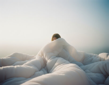 Soft puffy fabric fold blanket person wrapped cozy white bedding person wrapped soft puffy white blanket, thick fabric folds creating abstract cozy scene with gentle light, minimal background