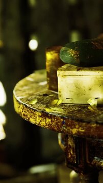 A weathered wooden table adorned with an aged box, surrounded by shards of glass catching light. The warm tones evoke a sense of nostalgia and forgotten stories in this dark, moody setting.
