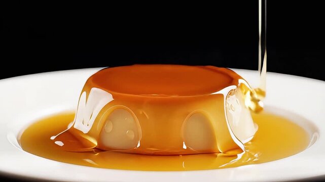 Watch rich caramel cascade over a creamy, perfectly molded flan dessert on a pristine white plate, showcasing its glossy texture against a dark, elegant background.