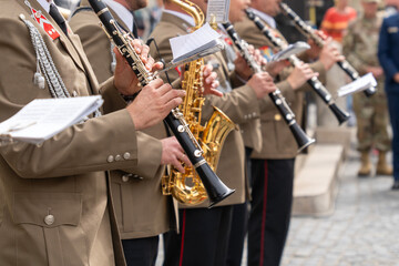 Fototapeta premium Military musicians play brass instruments at a festival