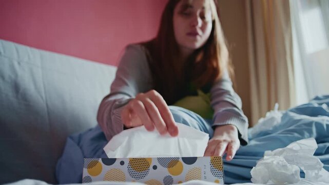 Close-up hand of uwell girl with a cold blowing her nose with tissues while resting in bed at home