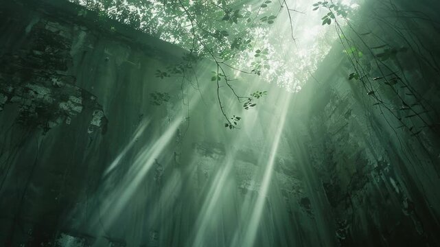 Video A sunny day in a dense forest with sunlight shining through the treetops