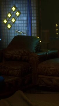 A relaxed moment unfolds on a soft leather couch, warm light dances from nearby lamps. The inviting atmosphere creates a perfect retreat for quiet reflection.