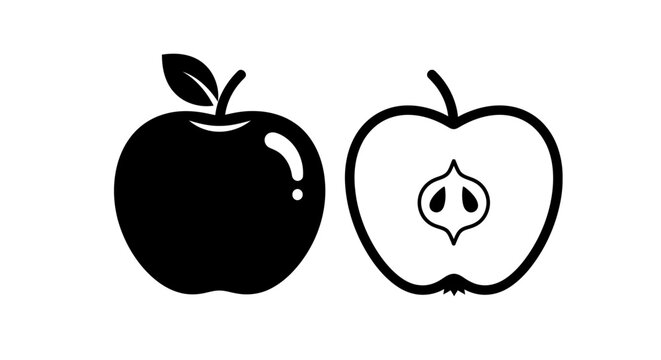 Black and white illustration of a whole apple and a sliced apple with seeds visible