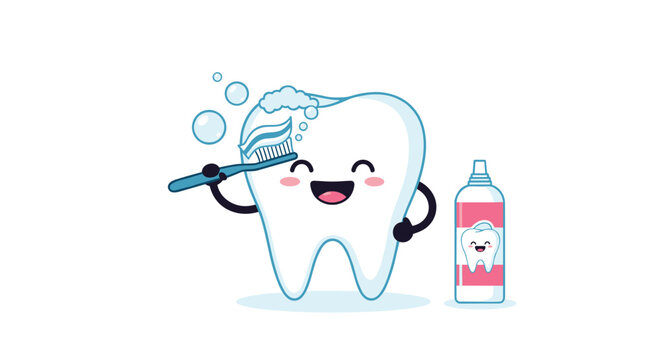 Cheerful cartoon tooth character brushing its head with a toothbrush and foam next to a tube of toothpaste and bubbles.