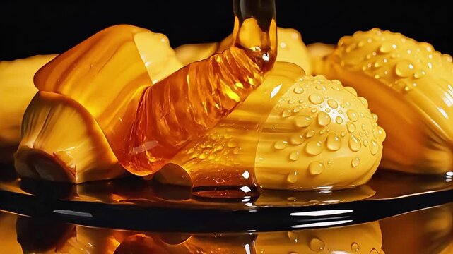 Discover vibrant, golden jackfruit pods glistening with moisture, then elegantly drizzled with rich, amber syrup. A delightful, exotic fruit dessert preparation is shown.