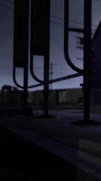 A quiet moment captures the essence of an empty city space. Metal poles cast shadows as the twilight sky transitions from day to night, hinting at stories waiting to unfold.