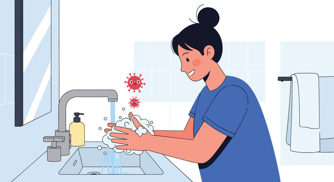 Happy woman washes her hands thoroughly with soap at a bathroom sink to kill germs and viruses for better personal hygiene.