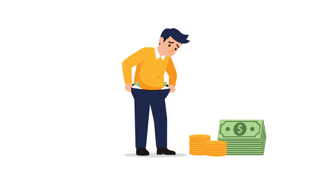 Sad man looks at his empty pockets while standing near a pile of money on the floor to symbolize poverty or financial loss.