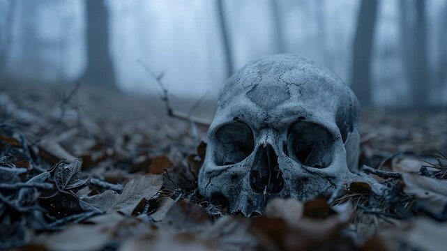 Video A skull sitting alone in the middle of a dense forest