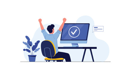Fototapeta premium Successful young man sitting at his office desk and raising his arms in celebration in front of a computer with a checkmark.
