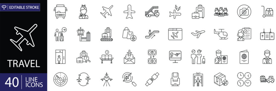 Travel aviation icons set. Includes symbols of airplane, airport, flight, boarding pass, luggage, and air travel elements. Editable stroke. Vector illustration. Outline icons.