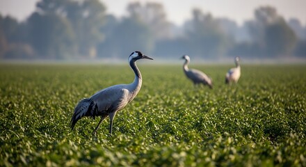 Obraz premium Graceful Crane Breeding in Wide Green Field at Dawn