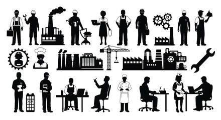 Industrial workers and factory elements depicted in a striking black silhouette © Jewel