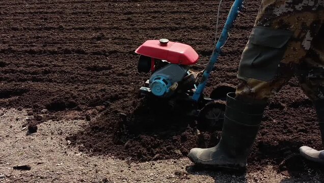 A farmer plows the soil with a motor cultivator in a field. A man prepares the land for planting crops. Agricultural machinery.