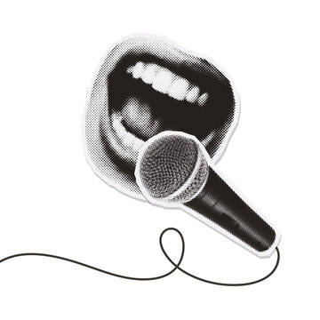 Isolated male bearded mouth shouting into microphone - retro halftone paper cutout collage element. Vintage zine style sticker composition.