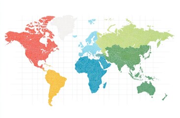 Fototapeta premium Colorful world map segmented by continent with grid overlay