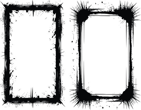Grunge black ink border set, distressed rectangular frames with paint splatters, 2 vector elements for urban graphic design and edgy photo overlays