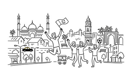Naklejka premium Pakistani Fans Celebrating Victory in Urban Landscape