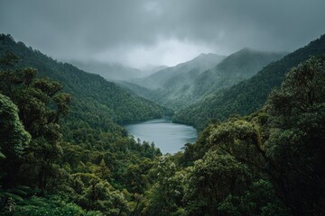 Fototapeta premium Serene mountain lake nestled in lush, misty green forest