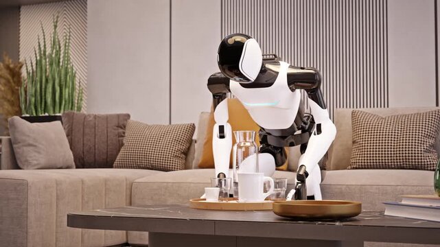 AI-powered humanoid robot cleans an apartment, picking up dirty dishes in a modern living room. Advanced household and housekeeping automation. Future smart home technology. 3d animation rendering