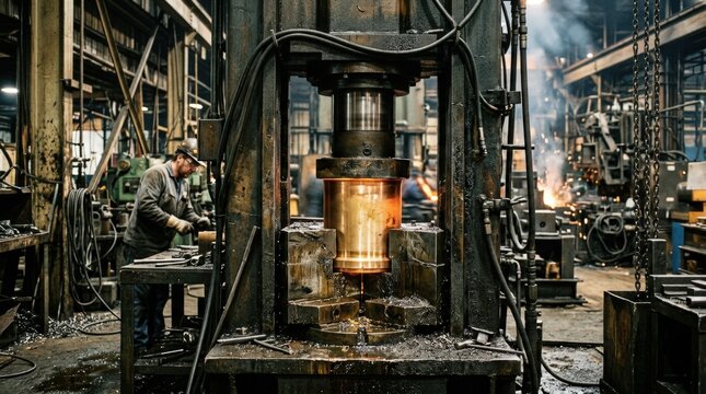 Heavy steel press molds thick brass shell casings capturing the intense factory environment and industrial precision in a medium shot perspective.